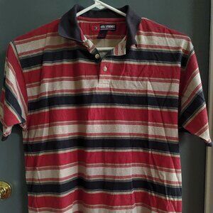 Reel Legends Men's Polo Shirt Size Medium Striped Red Blue Tan Outdoor Colorful